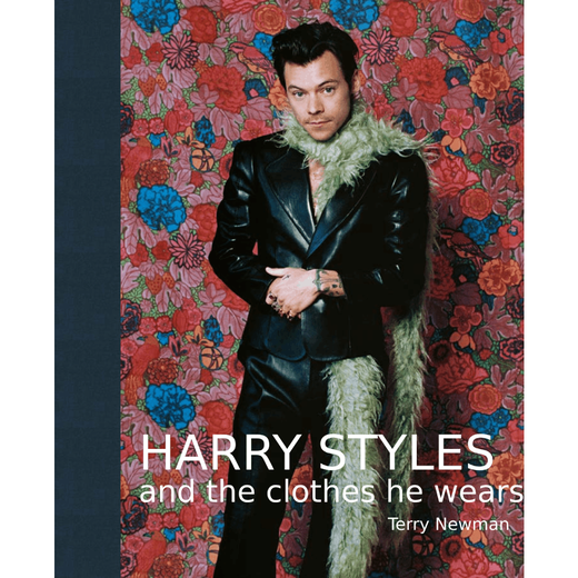 Book cover of Harry Styles: and the clothes he wears. A young men wearing a black leather suit and pale green feather boa.